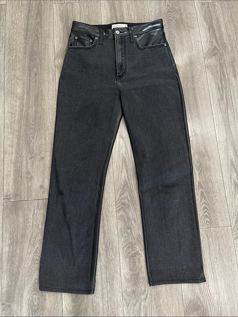 Abercrombie & Fitch Black Straight-Leg Jeans with Leather pant back